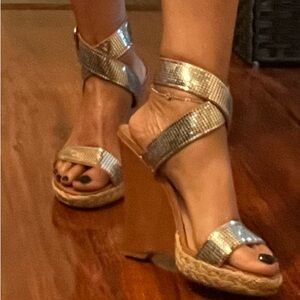 Stuart Weitzman Silver and Tan Wedge Sandals